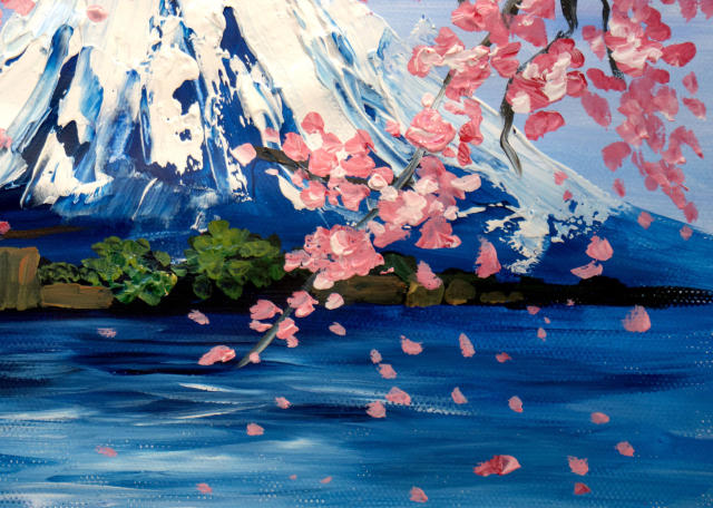 如何用水粉快速画出富士山和美丽的樱花