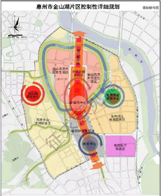 本次规划在金山湖片区设置了一条城市廊道,相当于城市中轴线.