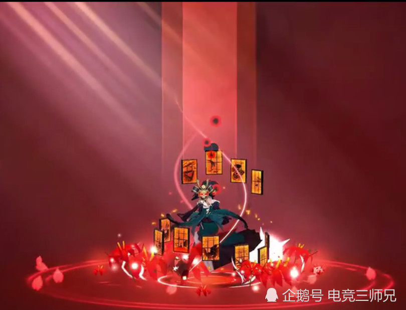 彼岸花一身墨绿色衣服,右手托举荒骷髅,脚踩红色曼珠沙华.