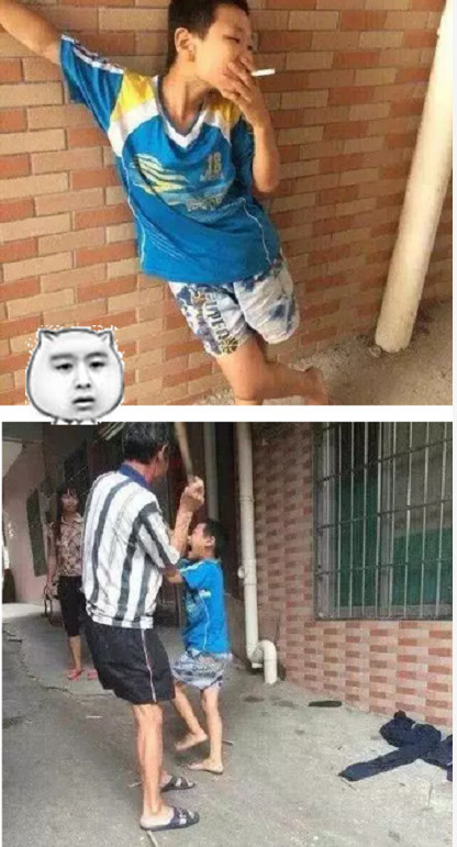 小学生帅气抽烟姿势走红,被老爸揍的样子遭p图,你们都