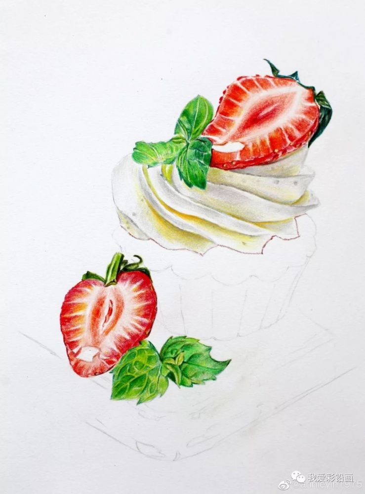 草莓季节少不了草莓蛋糕 彩铅手绘
