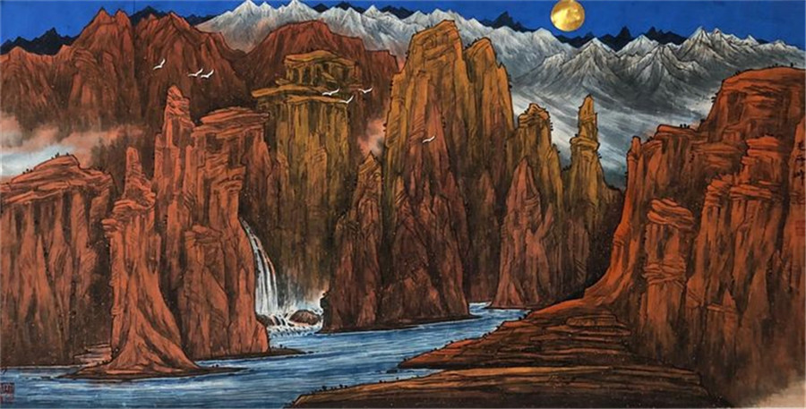 品读画家毛雪峰重彩山水画艺术
