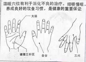 小指的肾穴,手背的外劳宫穴,手掌的的健理三针区等对治疗腹泻也很