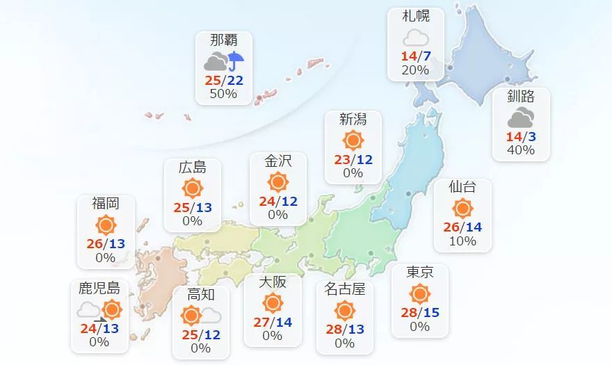 5月10号正午日本全国主要城市天气情况
