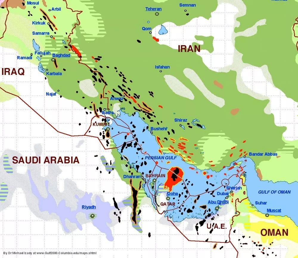 波斯湾沿岸石油(黑)及天然气(红)分布