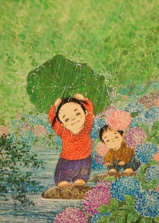 日本插画师,开田风童手绘水彩画作品,绘画质朴的童年