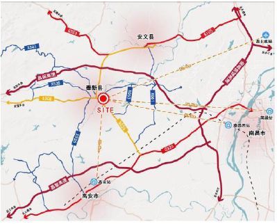 南侧有城市主干道应星大道,向西北连接奉新县城.