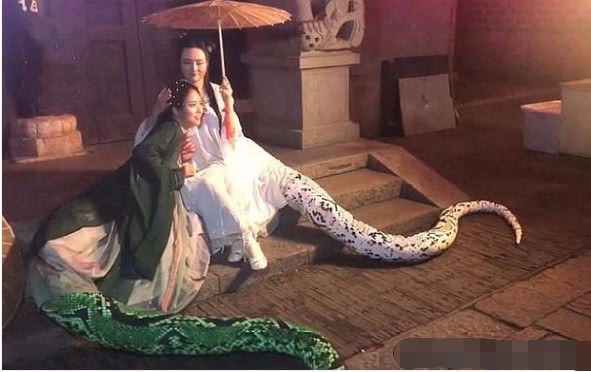 两美女装扮成白素贞与小青,长长的蛇尾摇摆随行,路人腿都吓软了