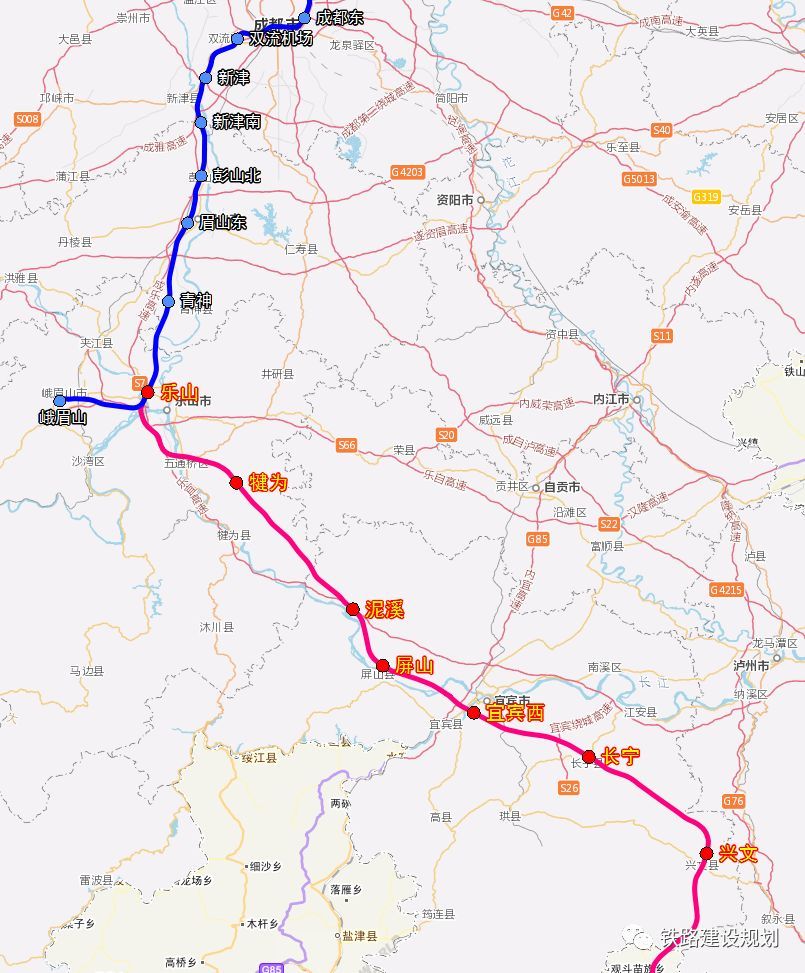 成贵高铁四川段线路及车站设置示意图