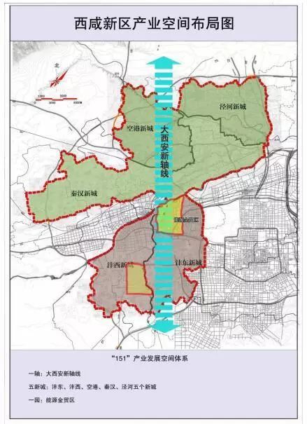 布 局 一轴, 五新城,一园 一轴:即大西安新轴线,纵贯空港新城,秦汉