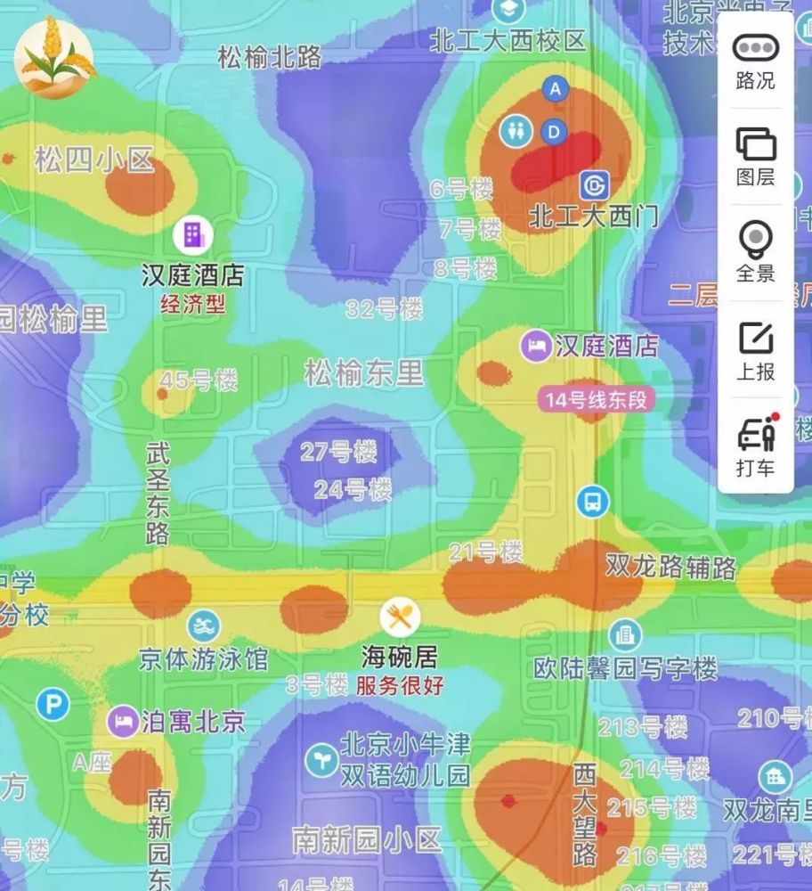 (百度地图-图层-热力图,颜色越深人流量越大)