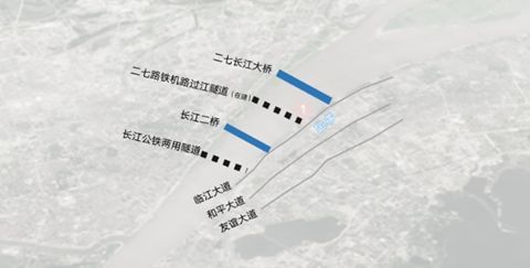 二七路铁机路过江隧道(在建)贯通两岸;临江大道,和平大道,友谊大道三