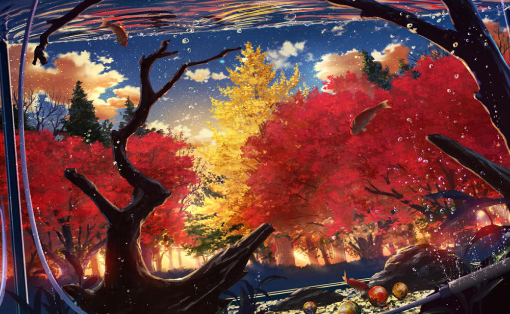 高清二次元动漫壁纸欣赏,图2的枫叶林,红彤彤的场景