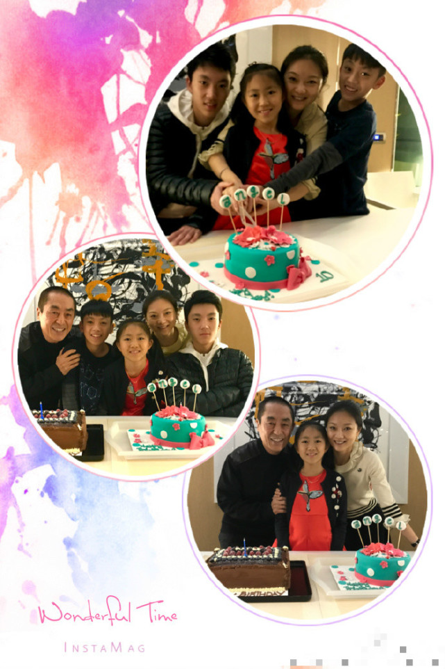 张艺谋全家为小女儿庆生 一家五口排排坐 (组图)