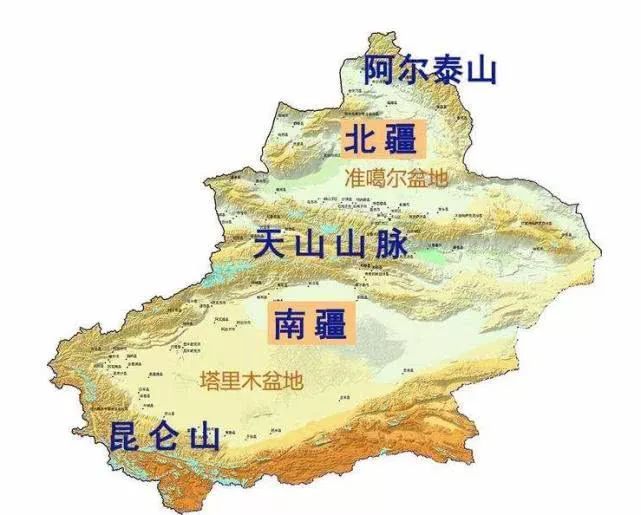 阿尔泰山和天山之间为准噶尔盆地,天山和昆仑山系之间为塔里木盆地.