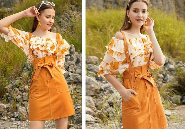 上图的衣服很好分辨,上衣下装都是暖色,口红色是浅橙色,染发色是褐色.