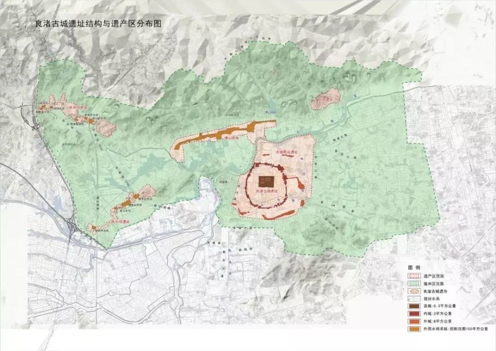 良渚古城遗址结构与遗产区分布图