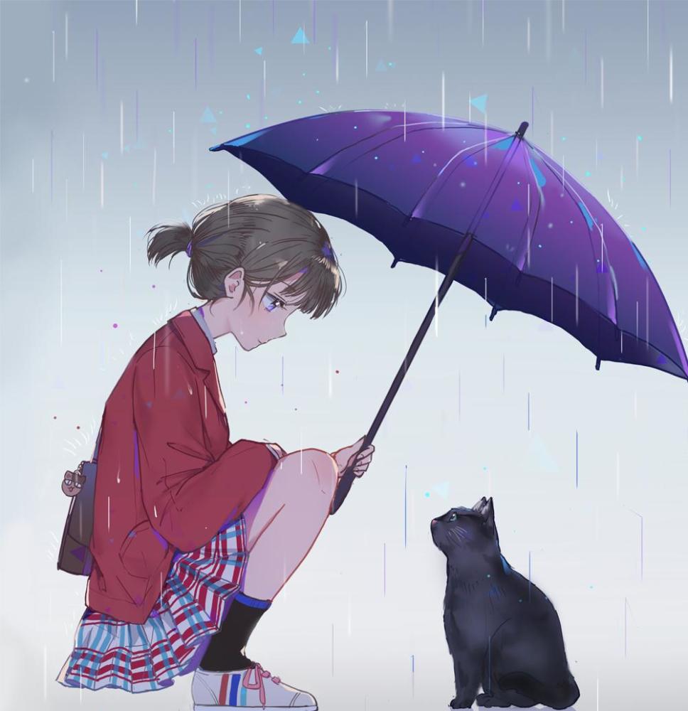 二次元撑雨伞雨中撑伞美眉高清动漫图片