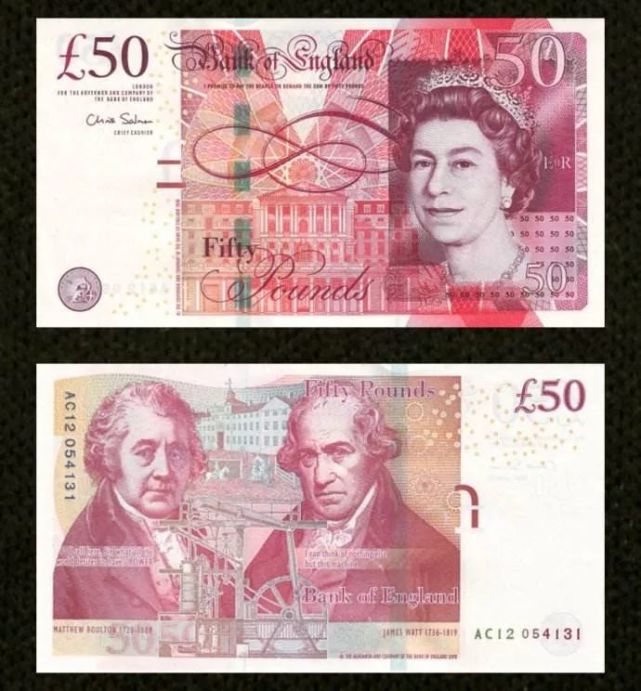 △现行版 50 英镑纸钞正面(上)与背面(下)