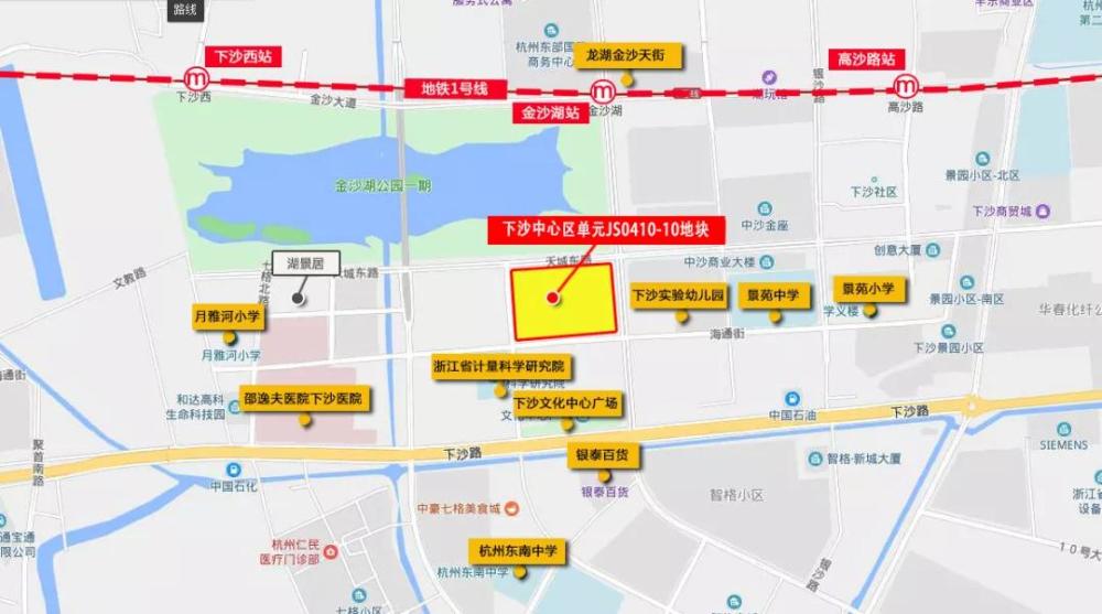 金沙湖地块位于下沙街道,北至天城东路,西至沙南路,南至海通街,东至