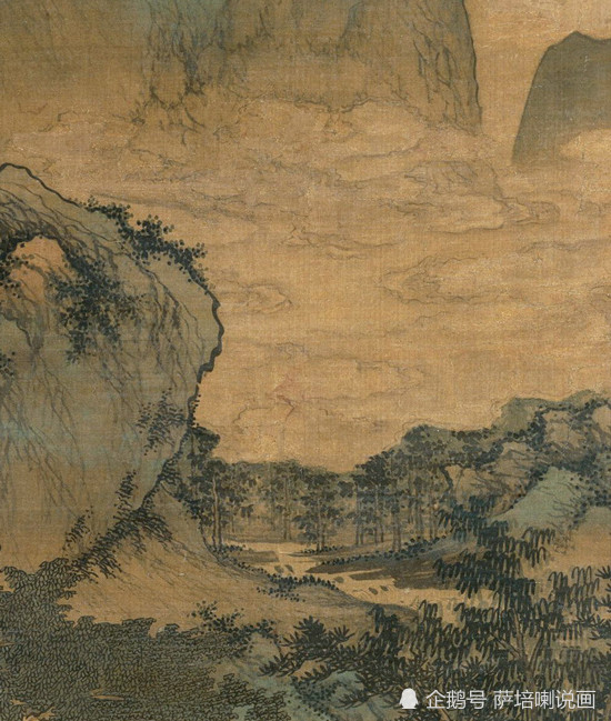 从盛懋这幅作品来看,典型的传承宋画风格,全景式构图,青绿山水技法,工