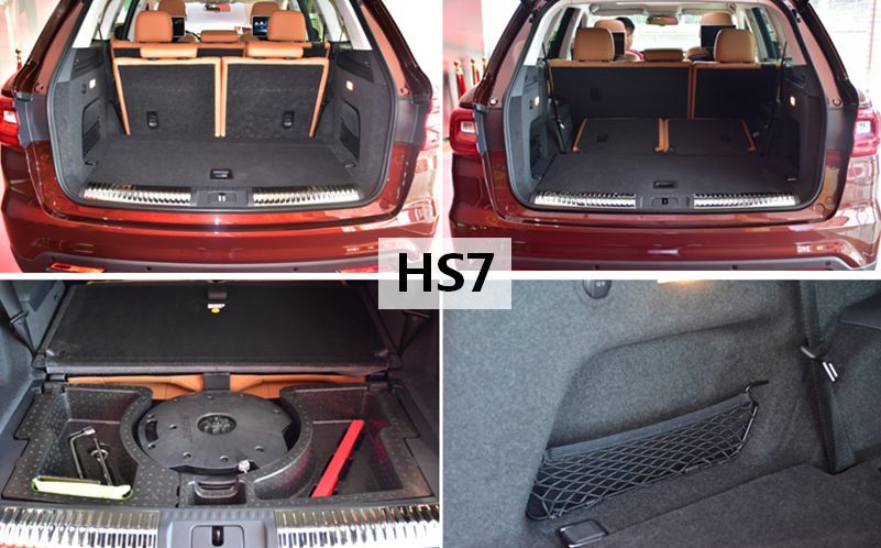 hs7的后备箱容积也很大,因为第三排座椅比较靠前,所以在7座布局下hs7