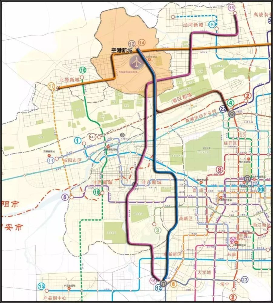 注:地铁12,14,16,17号线在空港交汇,图中黄色区域为空港新城