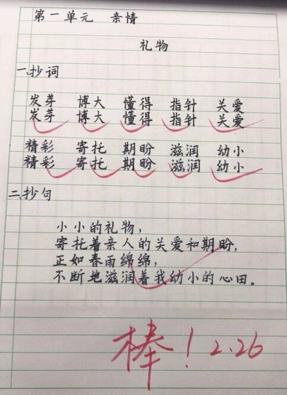 小学生写的"艺术"字,字迹标准如印刷版,老师阅卷是种