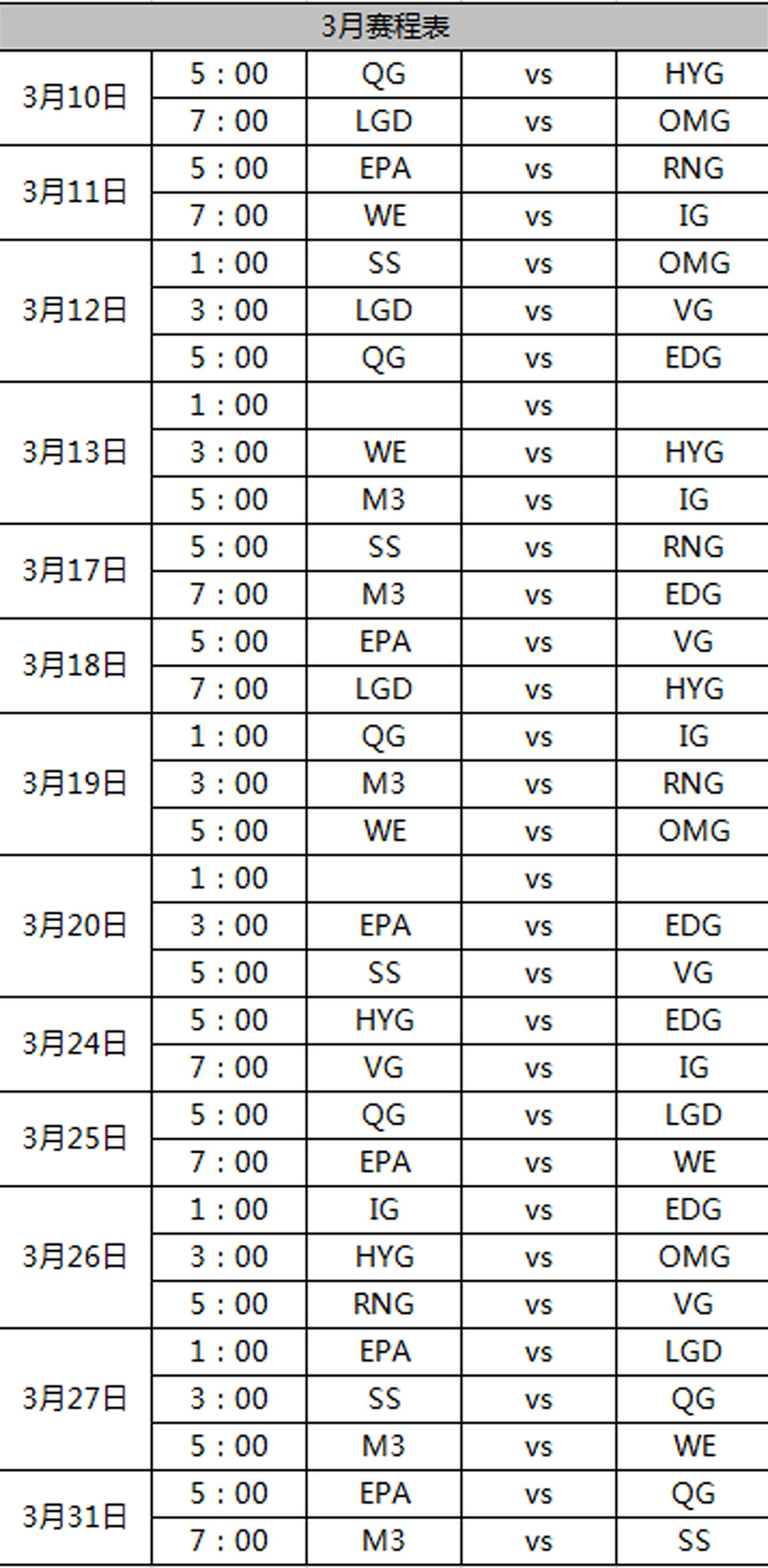 2016赛季LPL春季赛赛程表(3月)