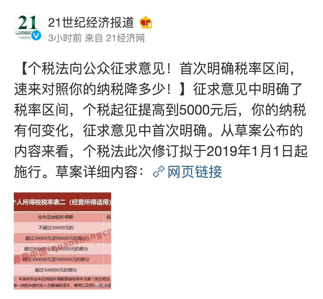 21世纪经济报道发布最新微博【个税法向公众