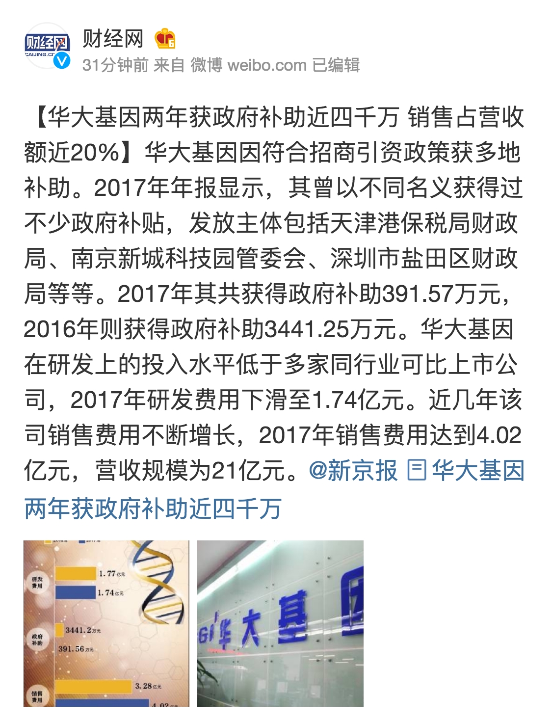 财经网发布最新微博【华大基因两年获政府补助