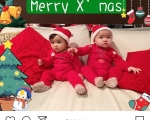 熊黛林双胞胎女儿穿大红色圣诞装过节，细节看出两姐妹性格差别