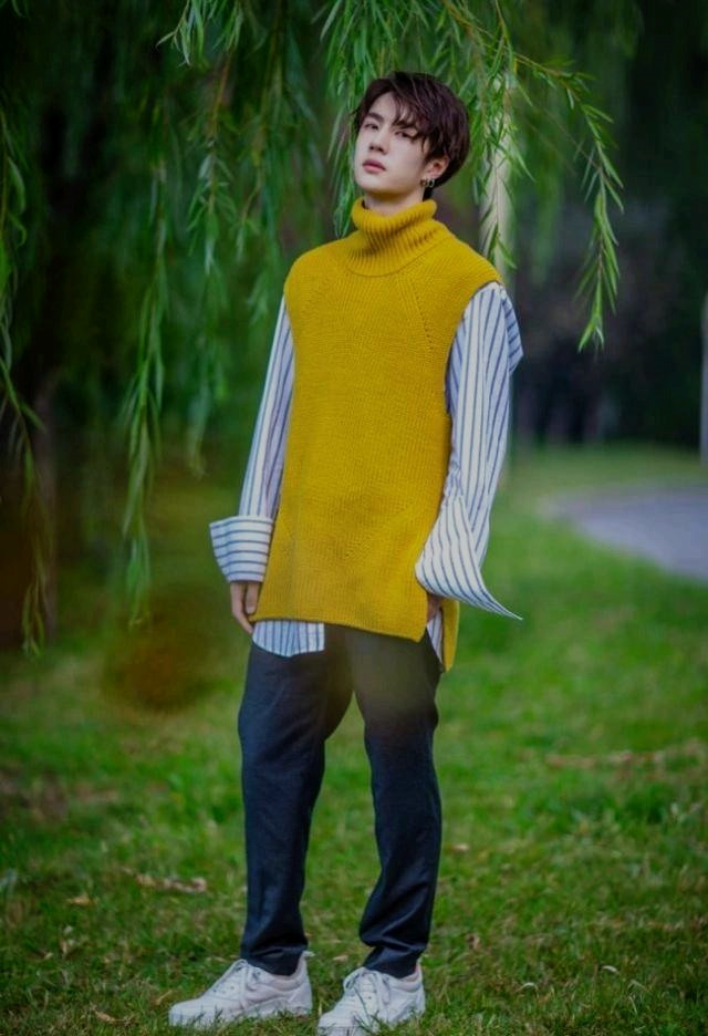 王一博写真照:衬衫 黄色毛衣背心清爽时尚,很有青春少年感