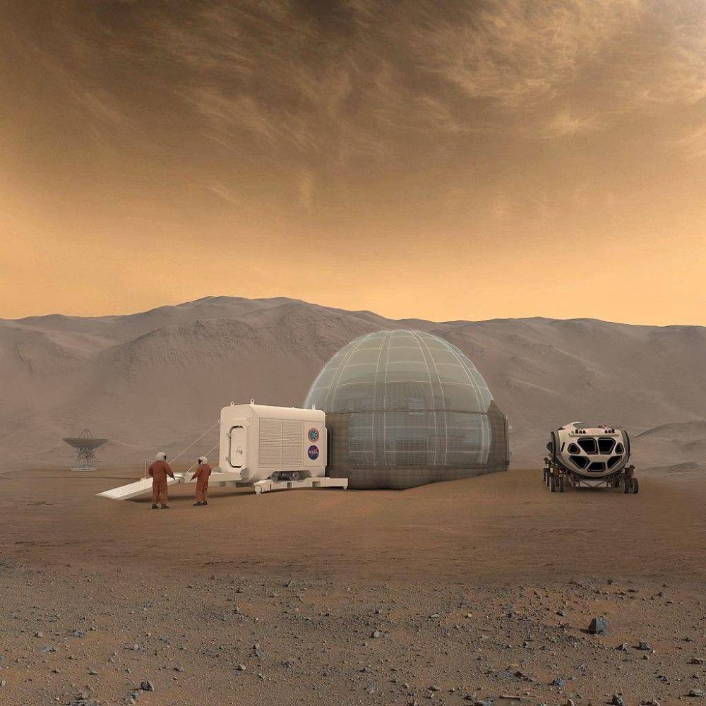 图解: 艺术家对火星栖息地的构想,在火星上使用由水冰,气闸和加压漫游