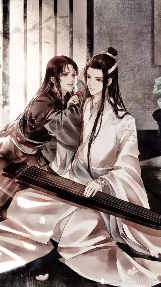 魔道祖师无水印壁纸:蓝忘机抚琴,魏无羡撒娇靠在他肩膀上