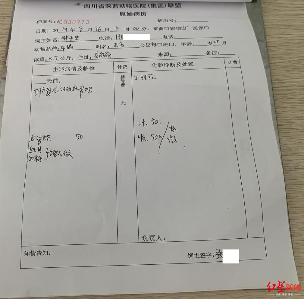 医院:饲主要求不做传染病检查,饲主担责 饲主:病历被修改了 22日的