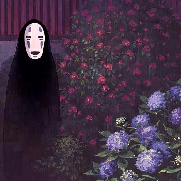 动漫图片:孤独的无脸男,站在花丛边