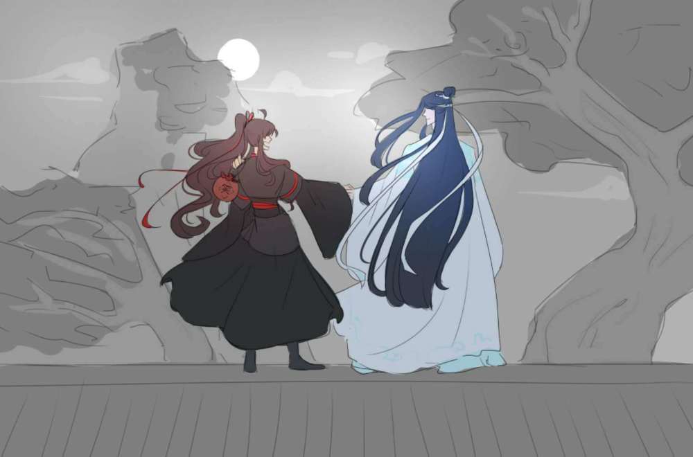 魔道祖师高清壁纸:魏无羡和蓝忘机在屋顶上赏风景