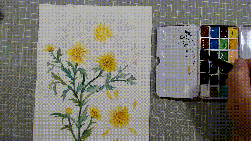 最后画上叶片,叶片我们用绿,蓝,中黄,浅绿调一些浅色,深色和黄绿色,要