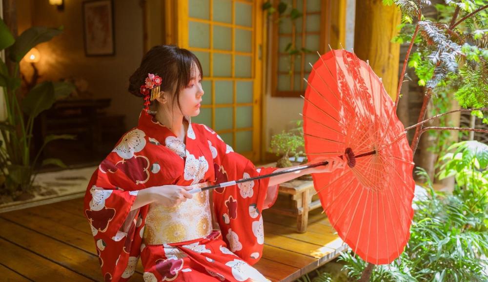 日系风格,撑伞的和服少女