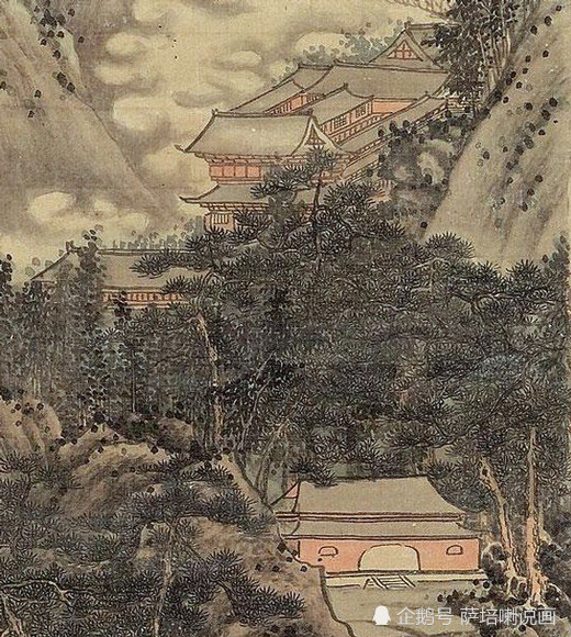 高岑直接描绘出深山古寺,为了画面具有装饰性美感,他在构图上特别