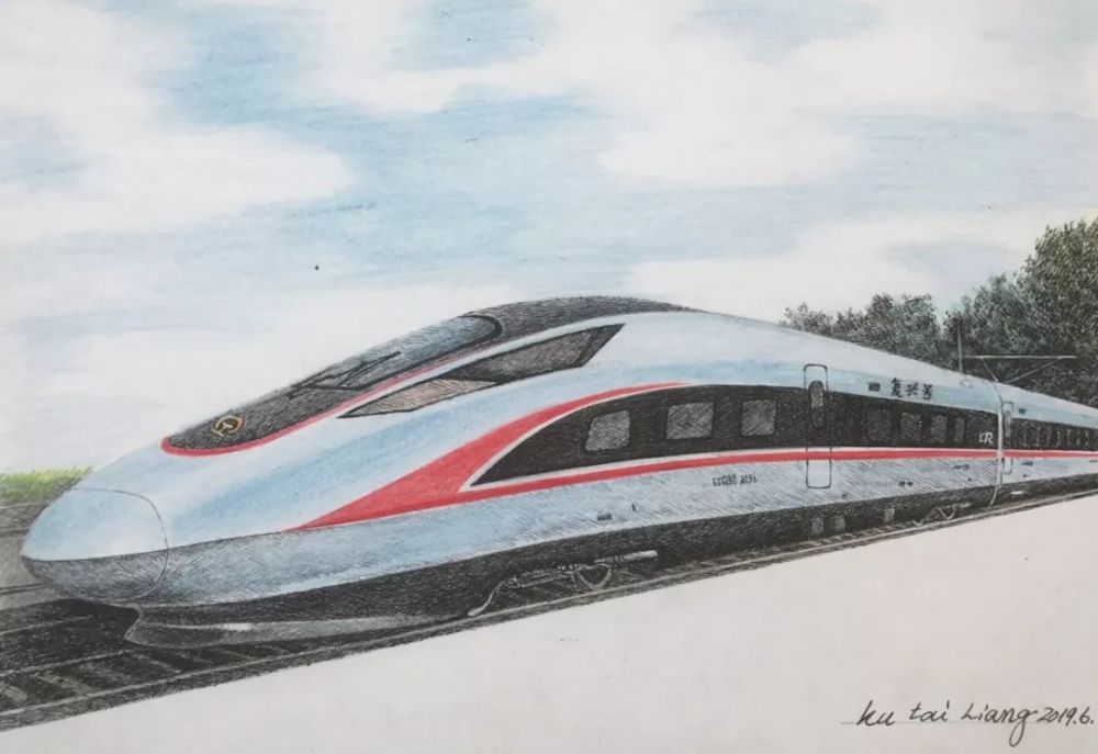 绘画构图,既尽力表现高铁的现代化,高科技,又尽情显示高速列车的动感