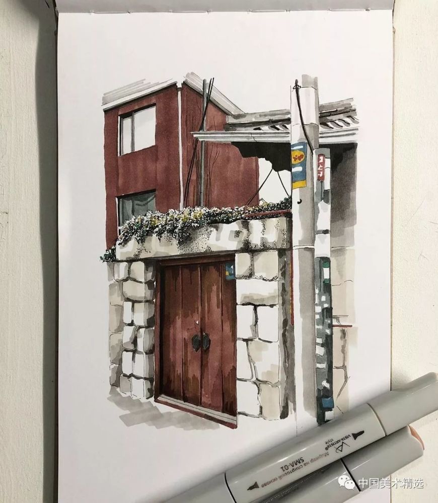 leshko在她个人社交平台上分享的马克笔建筑手绘.