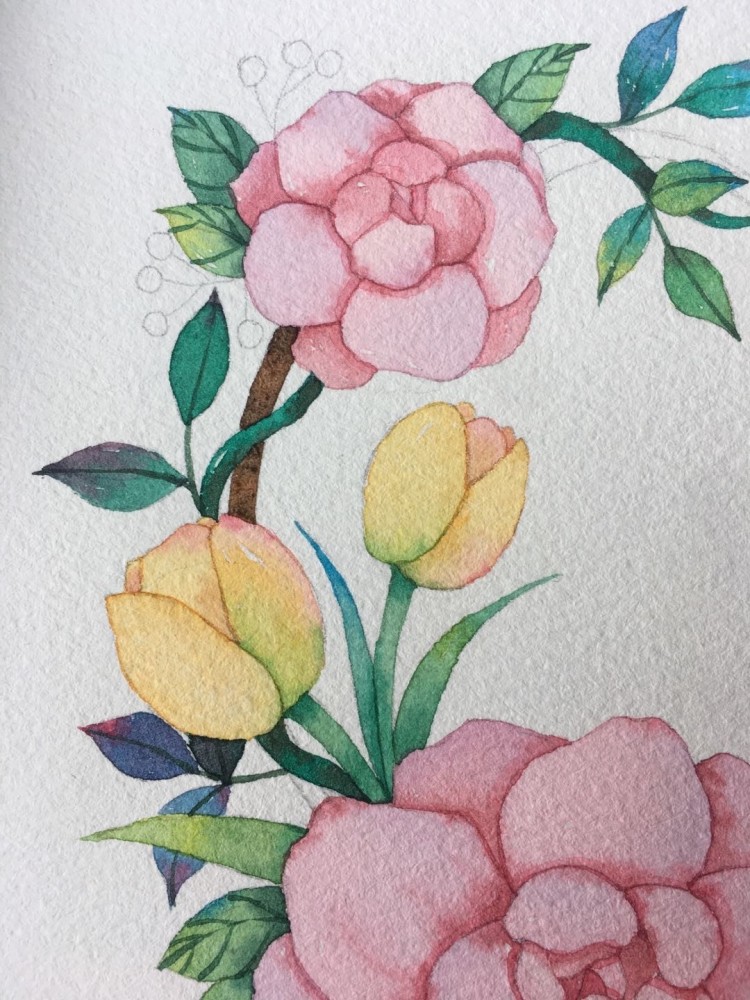 水彩画,花朵,国庆花环,70周年花环,美术