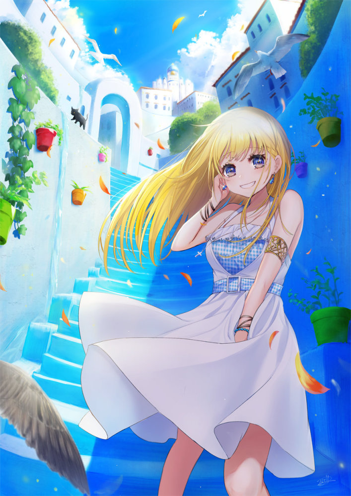 二次元·少女心·动漫壁纸:晚风轻踩着云朵,月亮在贩售快乐