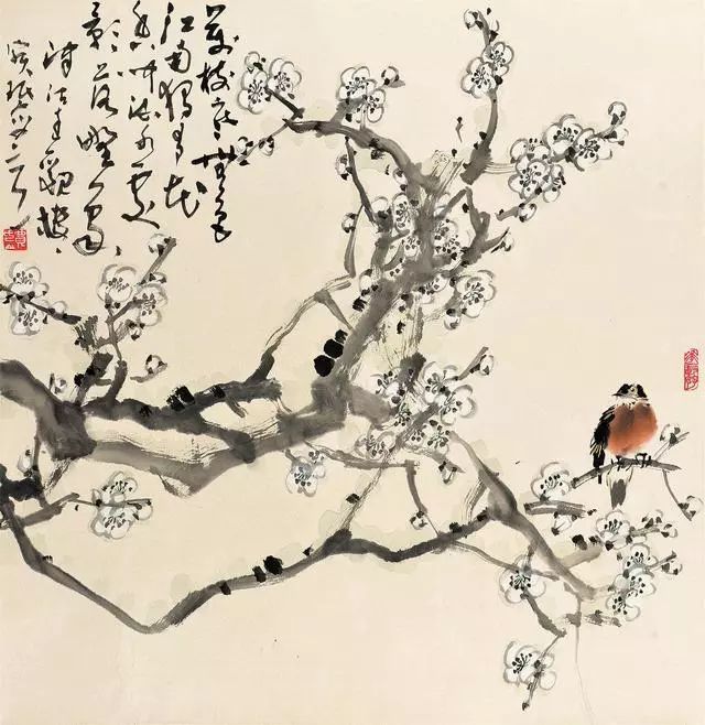 一,先以墨画枝干,可连可断,空白处可以画花.方法同红叶枝干.