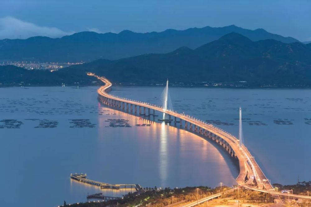 傍晚,深圳湾大桥的灯光一点点亮起,像海上的银河.
