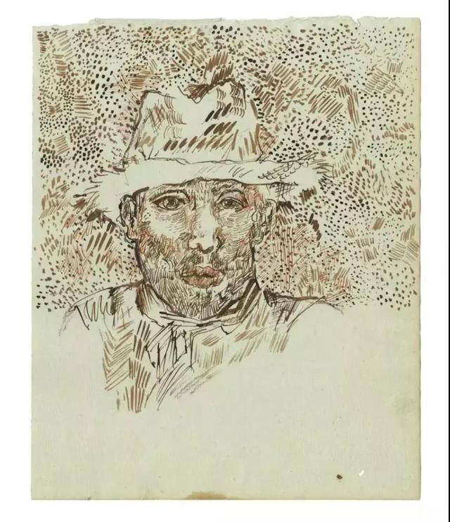 梵高,素描,戴草帽的自画像