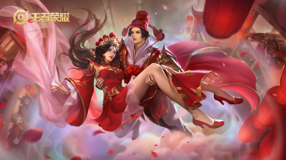 海报中有一对情侣的皮肤,孙悟空抱着露娜,小乔手里拿着玫瑰花