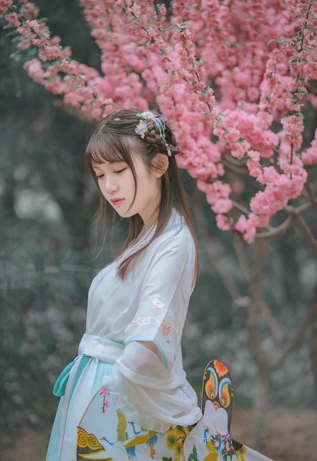桃花树下的优美古风少女